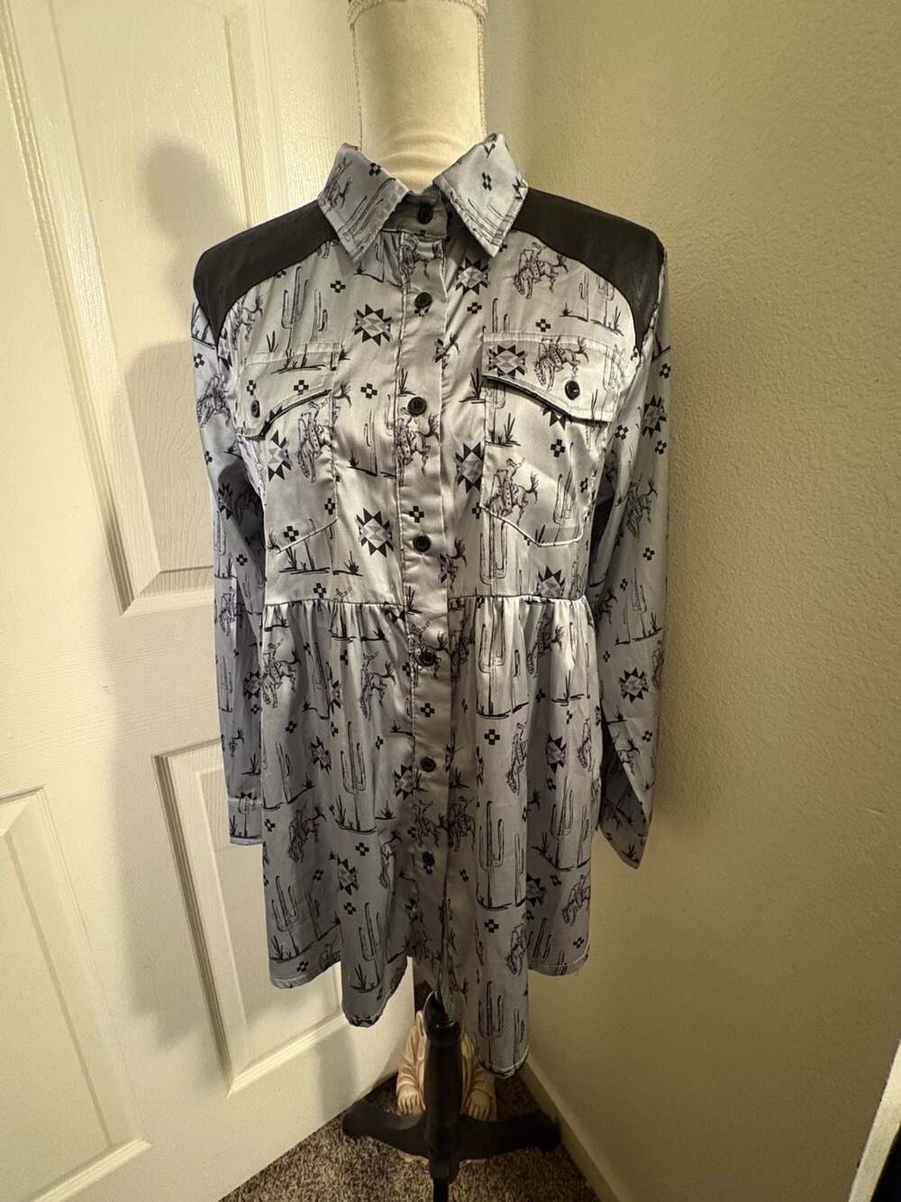 2 Fly Co. Western Print Long Sleeve Shirtdress with Leather Shoulders